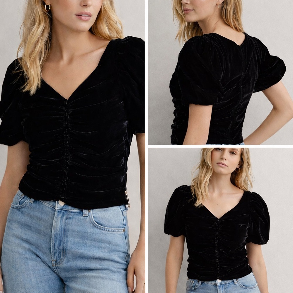 Zara Black Velvet Ruched Puff Sleeve TopXS Button Front Cropped Blouse 2731/2466